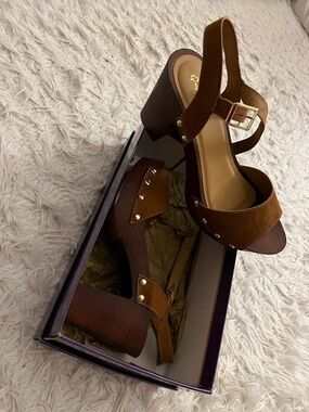 Qupid Brown Suede Platform Sandals with Gold Studs